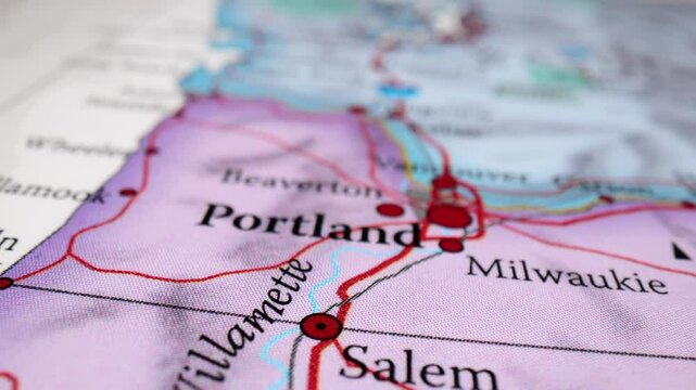 Closeup Of Map Showing Portland, Oregon And Surrounding Areas. zoom-in shot, rack focus