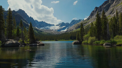 The mountain lake is quiet, reflecting the blue sky, snow peaks and forests, showing a fresh natural mountain ecological landscape