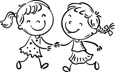 Two little girls have fun, kids playing, isolated cartoon outline clipart