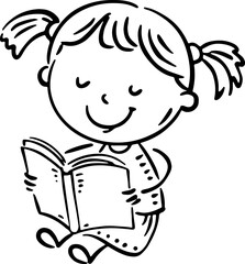 Little girl reading a book. Isolated outline cartoon illustration