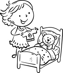 Cartoon little child playing with toy. Girl putting teddy bear to bed. Isolated outline illustration