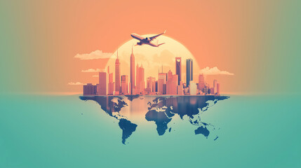 World map with city skyline and urban buildings vector illustration at sunset