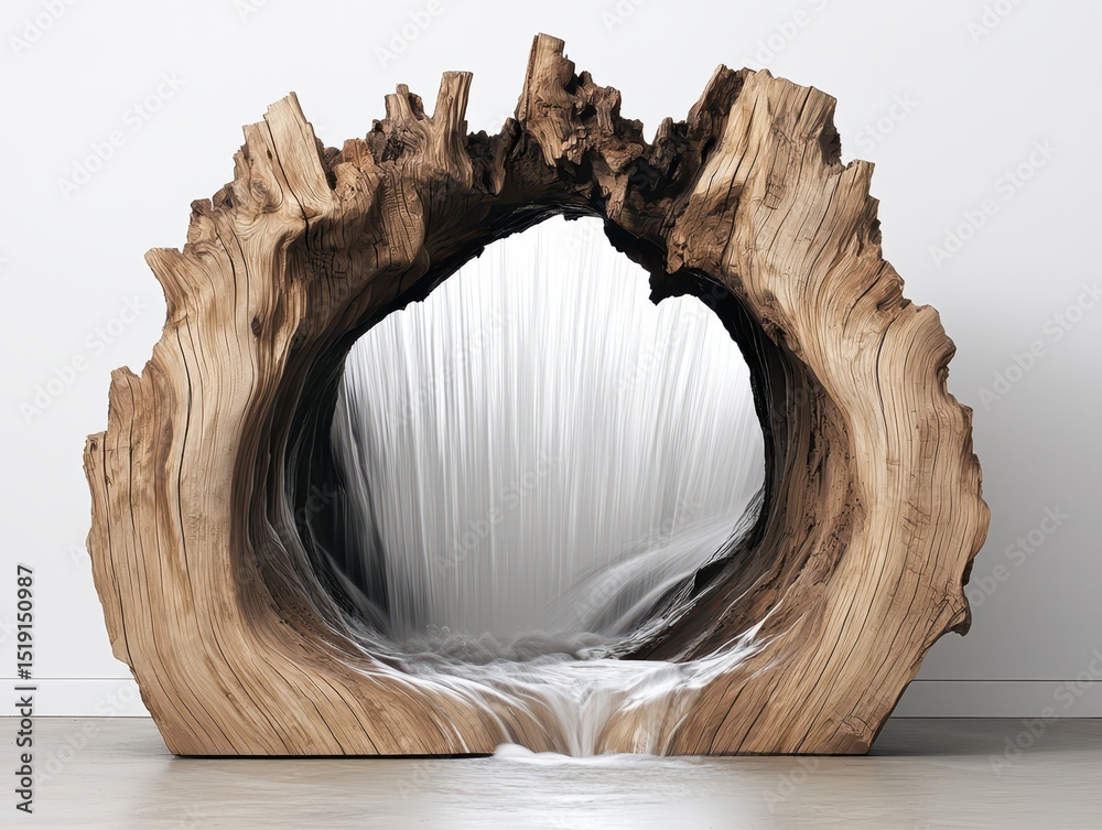 Poster resort waterfall wooden concept. unique wooden mirror design resembling a tree trunk with a cascadin