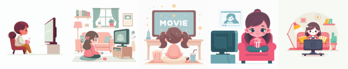 vector of a girl watching a movie
