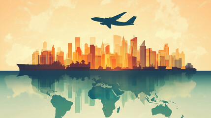 City skyline vector illustration showing urban buildings and skyscrapers in silhouette against the sky