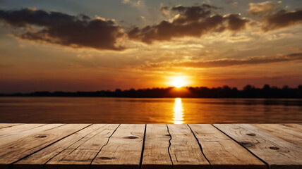 High resolution wooden table texture with sunset background.