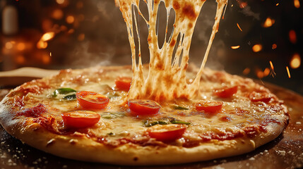 Freshly baked pizza with cheese, abundant toppings, on a baking tray, showing an appealing and delicious meal scene