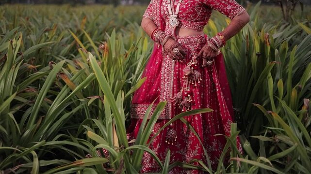 Got it! You're referring to a bride playing or enjoying herself while wearing a traditional Choli Ghaghra &mdash; a beautiful and vibrant Indian bridal outfit typically worn during weddings or pre-wedding c