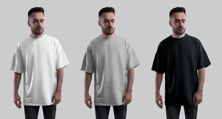 Template white, heather, black oversized t-shirt on a bearded man, front view, for design, print, pattern. Streetwear set.