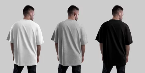 Vitrage gordijnen Mockup of white, heather, black oversized t-shirt on bearded man, back view, isolated on background. Streetwear set. © olegphotor