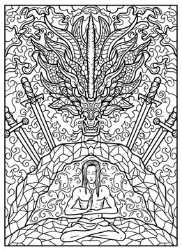 Fantasy engraved illustration with four swords, dragon, hero and decorated elements for coloring page, tattoo, print, tarot cards. Vector line art graphic. Gothic, epic and vintage concept