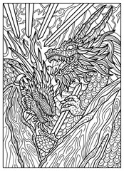 Fantasy engraved illustration with fight of dragons with swords for coloring page, tattoo, print, tarot cards. Vector line art graphic. Gothic, epic and vintage concept with mystic symbols