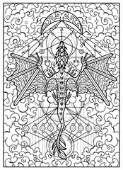 Fantasy engraved illustration with dragon, swords as wings and decorated elements for tattoo, coloring, tarot cards. Vector line art graphic. Gothic, epic and vintage concept with mystic symbols