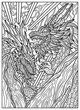 Fantasy engraved illustration with fight of dragons with swords for coloring page, tattoo, print, tarot cards. Vector line art graphic. Gothic, epic and vintage concept with mystic symbols