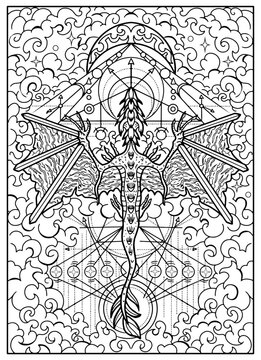 Fantasy engraved illustration with dragon, swords as wings and decorated elements for tattoo, coloring, tarot cards. Vector line art graphic. Gothic, epic and vintage concept with mystic symbols