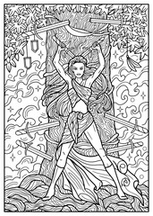 Fantasy engraved illustration with swords, tree, hero woman and decorated elements for coloring page, tattoo, print, tarot cards. Vector line art graphic. Gothic, epic and vintage concept