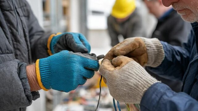 Wiring Up: Close-up of skilled hands, clad in protective gloves, carefully connecting wires, symbolizing precision and craftsmanship in the field of electrical work.