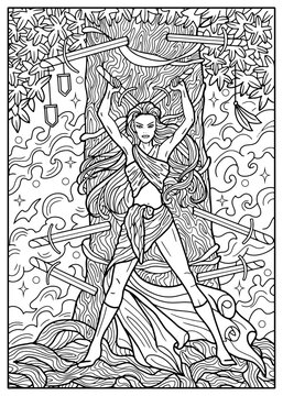 Fantasy engraved illustration with swords, tree, hero woman and decorated elements for coloring page, tattoo, print, tarot cards. Vector line art graphic. Gothic, epic and vintage concept