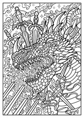 Fantasy engraved illustration with swords and dragon head for coloring page, tattoo, print, tarot cards. Vector line art graphic. Gothic, epic and vintage concept with mystic symbols