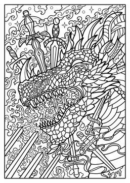 Fantasy engraved illustration with swords and dragon head for coloring page, tattoo, print, tarot cards. Vector line art graphic. Gothic, epic and vintage concept with mystic symbols