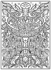 Fantasy engraved illustration with sword and decorated elements for tattoo, print, tarot cards. Vector line art graphic for coloring page. Gothic, epic and vintage concept with mystic symbols