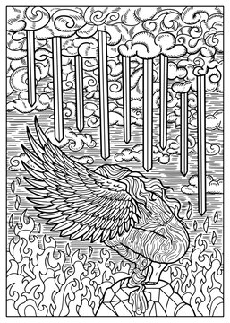 Fantasy conceptual illustration of depression with swords, falling angel and decorated elements for tattoo, coloring page, print, tarot cards. Vector line art, gothic, epic and vintage concept 