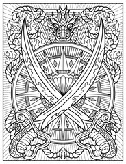 Fantasy engraved illustration with two swords, compass, rope and decorated elements for tattoo, print, tarot cards. Vector line art graphic for coloring page. Gothic, epic and vintage concept