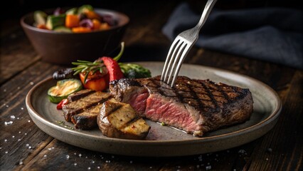 Fototapeta premium Medium Rare Grilled Steak with Vegetables on Rustic Wooden Table