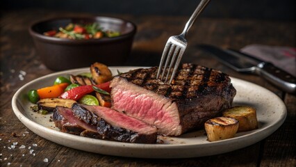 Medium Rare Grilled Steak with Vegetables on Rustic Wooden Table