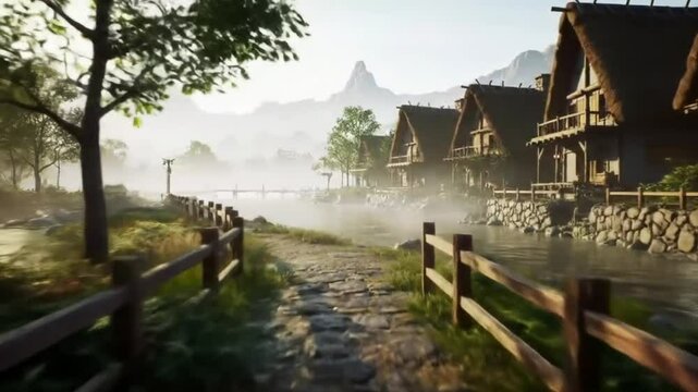 A scenic fantasy village featuring a row of rustic wooden houses with thatched roofs along a serene riverside path. The cobblestone walkway is flanked by wooden fences and lined with trees, bathed in 