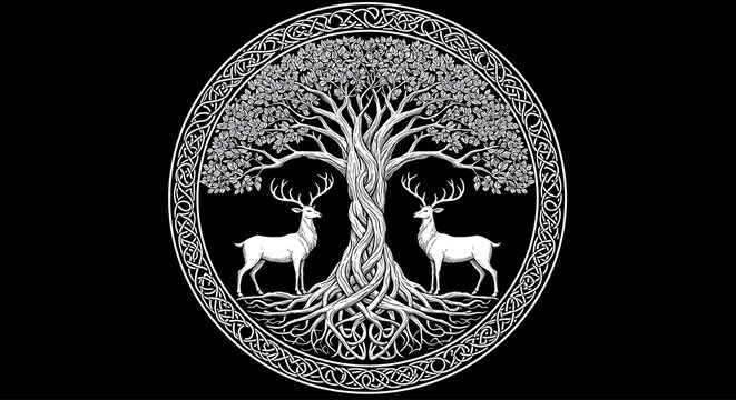 Detailed monochrome illustration of a mythical tree with intertwined roots shaping a stag&rsquo;s head, surrounded by Celtic knot patterns and deer in an ornamental layout