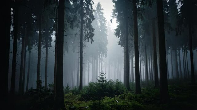 Eerie forest scene showing tall conifers shrouded in mist and fog with a small spruce sapling in the foreground among vibrant green moss and undergrowth.