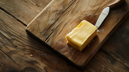 A rustic image shows a pat of butter and knife resting on a wooden cutting board. This photo may be suitable for a food-related project, like creating stock photos.