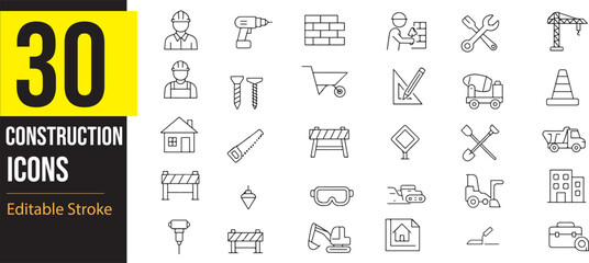 Building, Construction and Architecture Work Icons Set, Editable Stroke, Renovation, Blueprint, Tools, Maintenance.