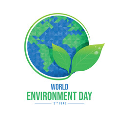 World environment day - leaves and line branches roll around circle globe world with low poly texture vector design
