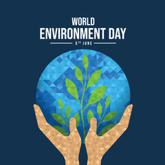 World environment day - hand hold up green leaves plant in blue circle globe with low poly texture style vector design