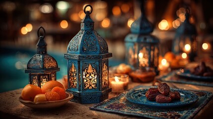 Ornamental Arabic lanterns glowing at night with candles and date fruit on table