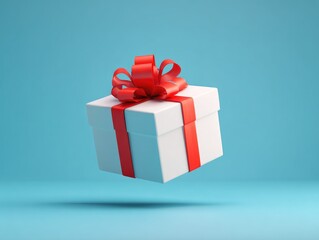 Obraz premium A digitally rendered, white square gift box floats against a light blue background. A large red ribbon with a bow is tied around it