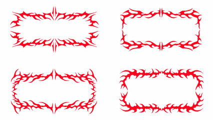 Set of Neo tribal fire frames, cyber gothic borders symmetrical shape, futuristic y2k abstract poster element. Cyber sigilism vintage vector design elements isolated