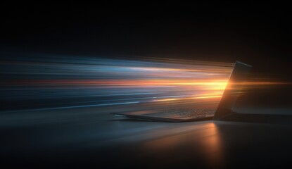 A dark laptop emits streaks of light suggesting high speed and data transfer, set against a dark background