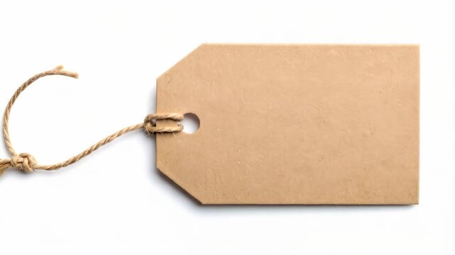 Blank cardboard label with rope on white background, rectangle tag for price and promotion, vintage paper texture.