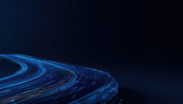 Abstract digital art depicting a glowing blue streak curving across a dark background, suggesting motion and technology