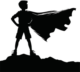 Silhouette of a superhero child with cape blowing in the wind  vector isolated on white background © Avra