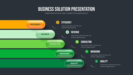 Creative Review Five Option Infographic Slide Design. Professional Forecast 5 Step Diagram Frame Layout. Investor Strategy Slideshow Template Vector Illustration.