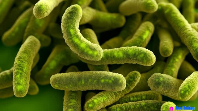 Microscopic View of Green Rod-Shaped Bacteria