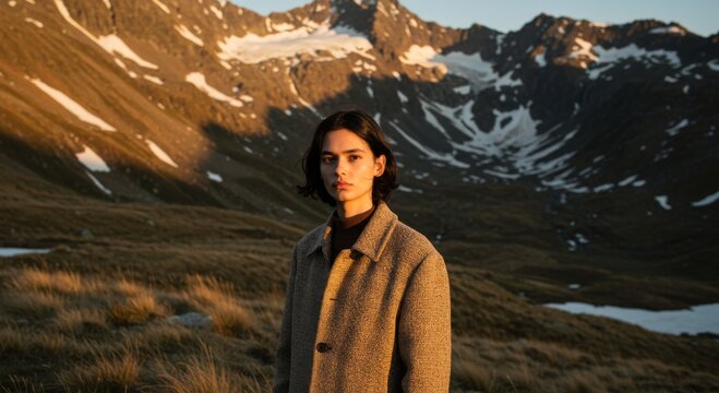Woman in Brown Coat Gazing at Majestic Mountains at Sunset - Powered by Adobe