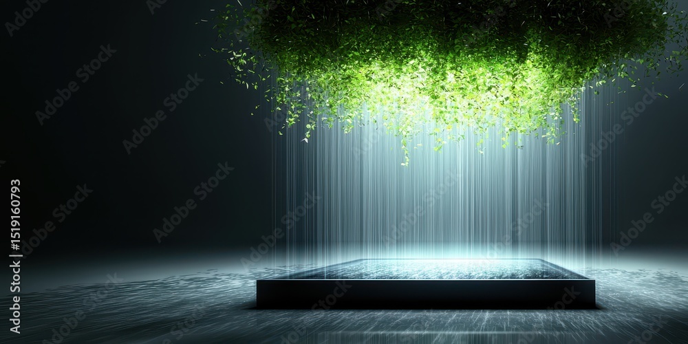 Poster Room garden waterfall concept. A surreal display of light and greenery creating a mystical atmosphere.