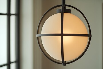 Close up of a spherical pendant light fixture with a black metal frame and a window in the background