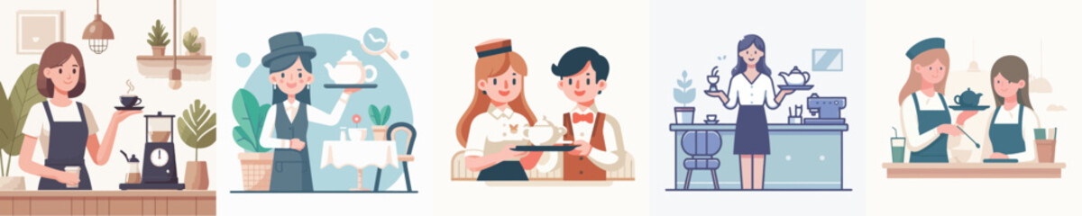 vector of a woman being a waitress in a cafe