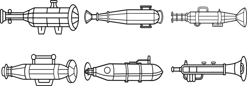 Set of Bombarde black outline vector and illustration, coloring book page

